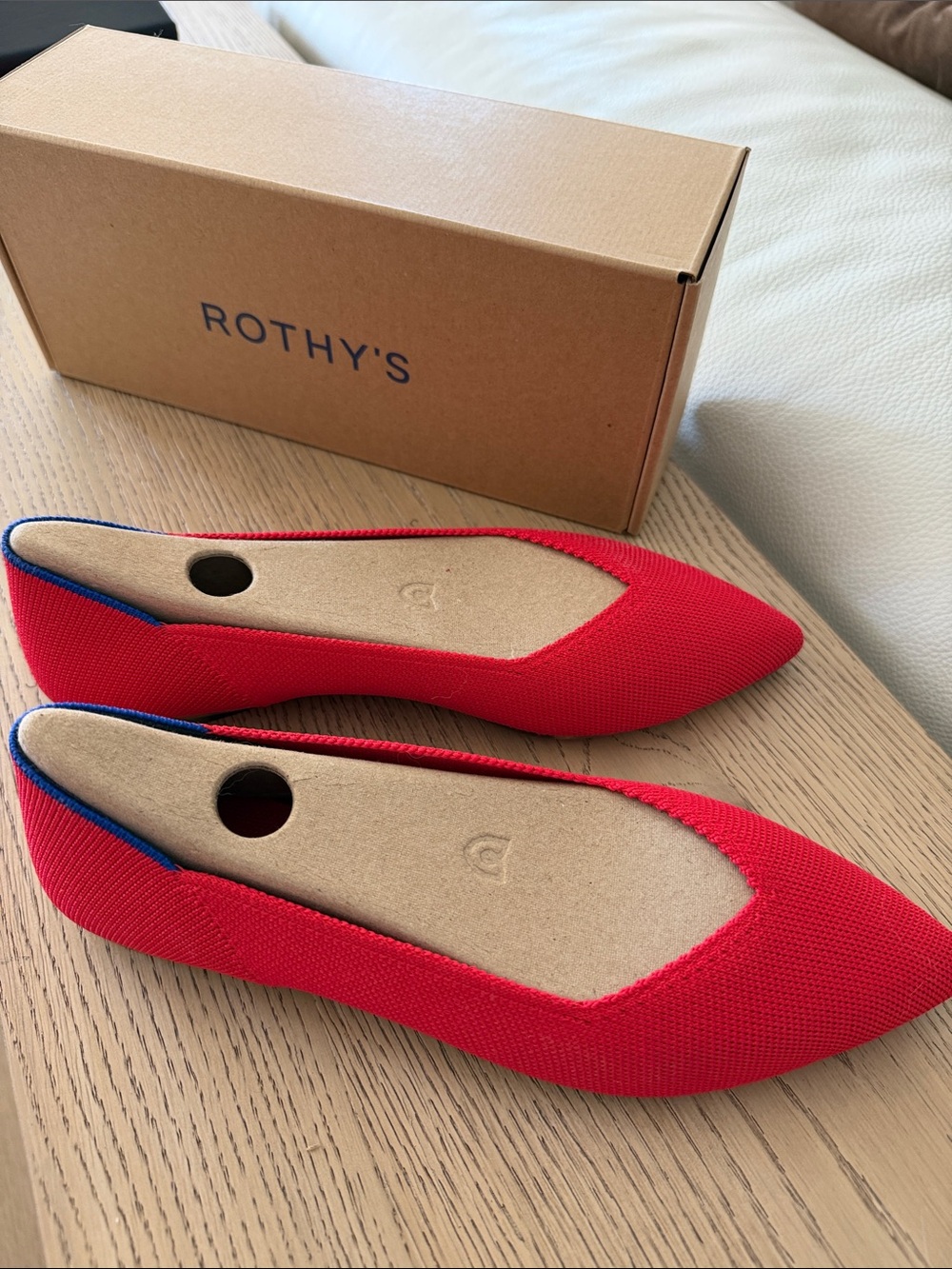Rothy's Lollipop Red Pointed Knit Flats with Blue Trim, Sz 7